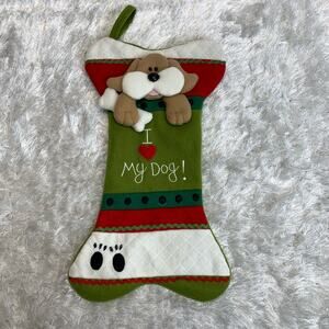 Dog Bone Shaped Christmas Stocking Felt Green Red Black